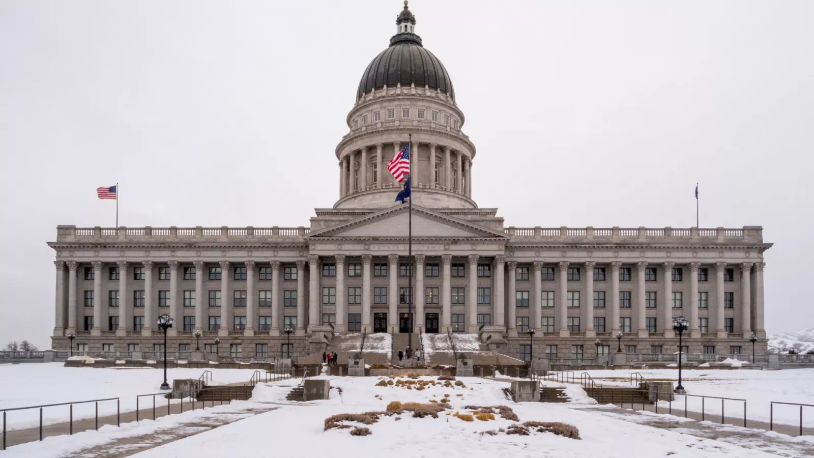 Utah State capitol with snow on the ground.
