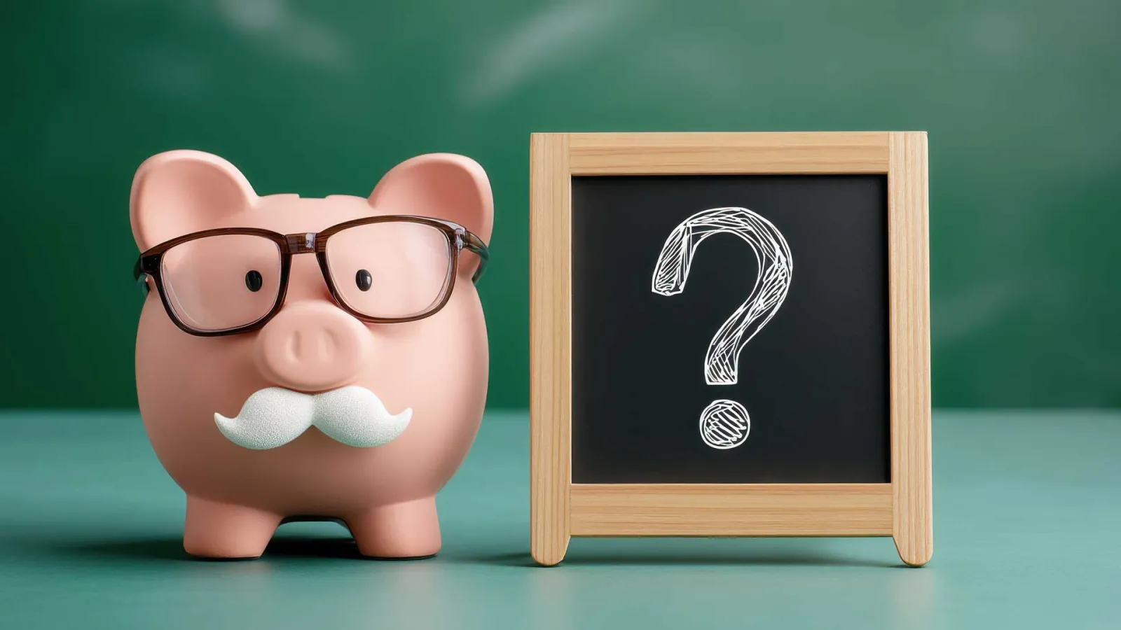 Mustached piggy bank next to a chalk pallette with a question mark.