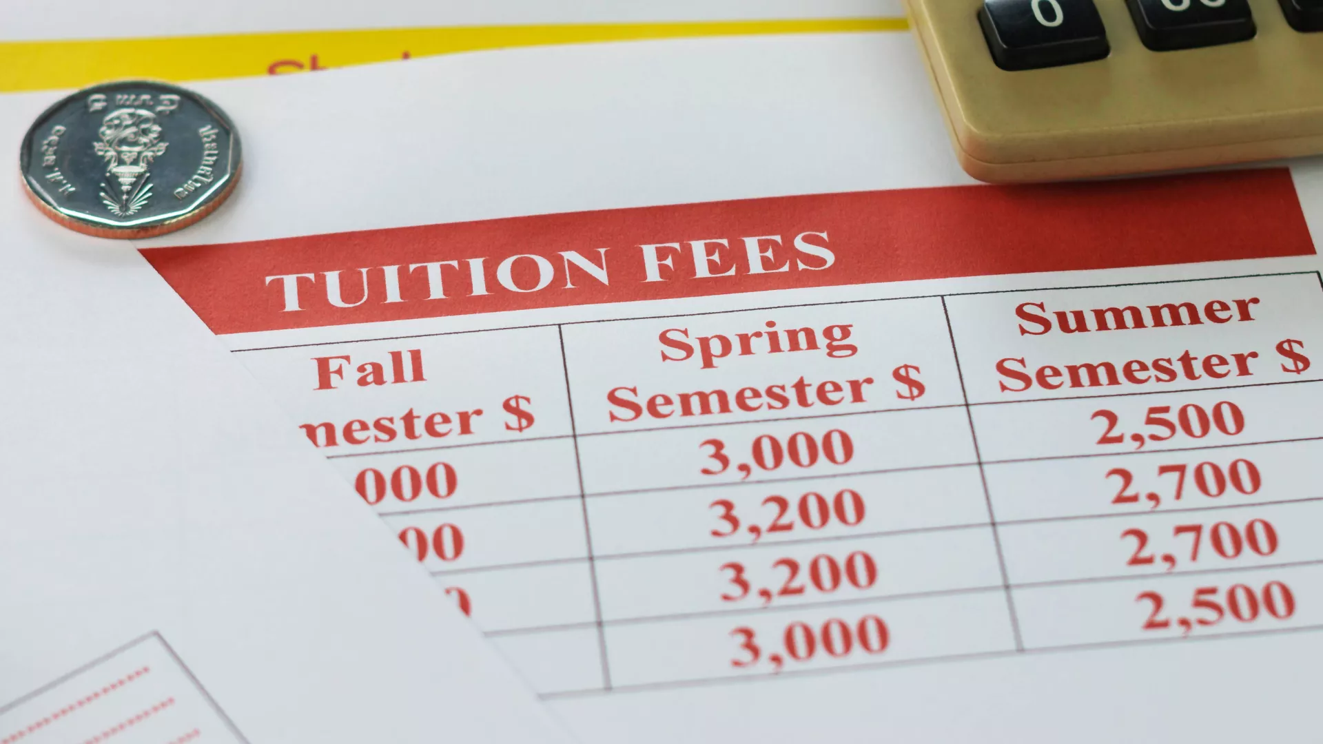 Chart of tuition fees with a calculator and a coin. 
