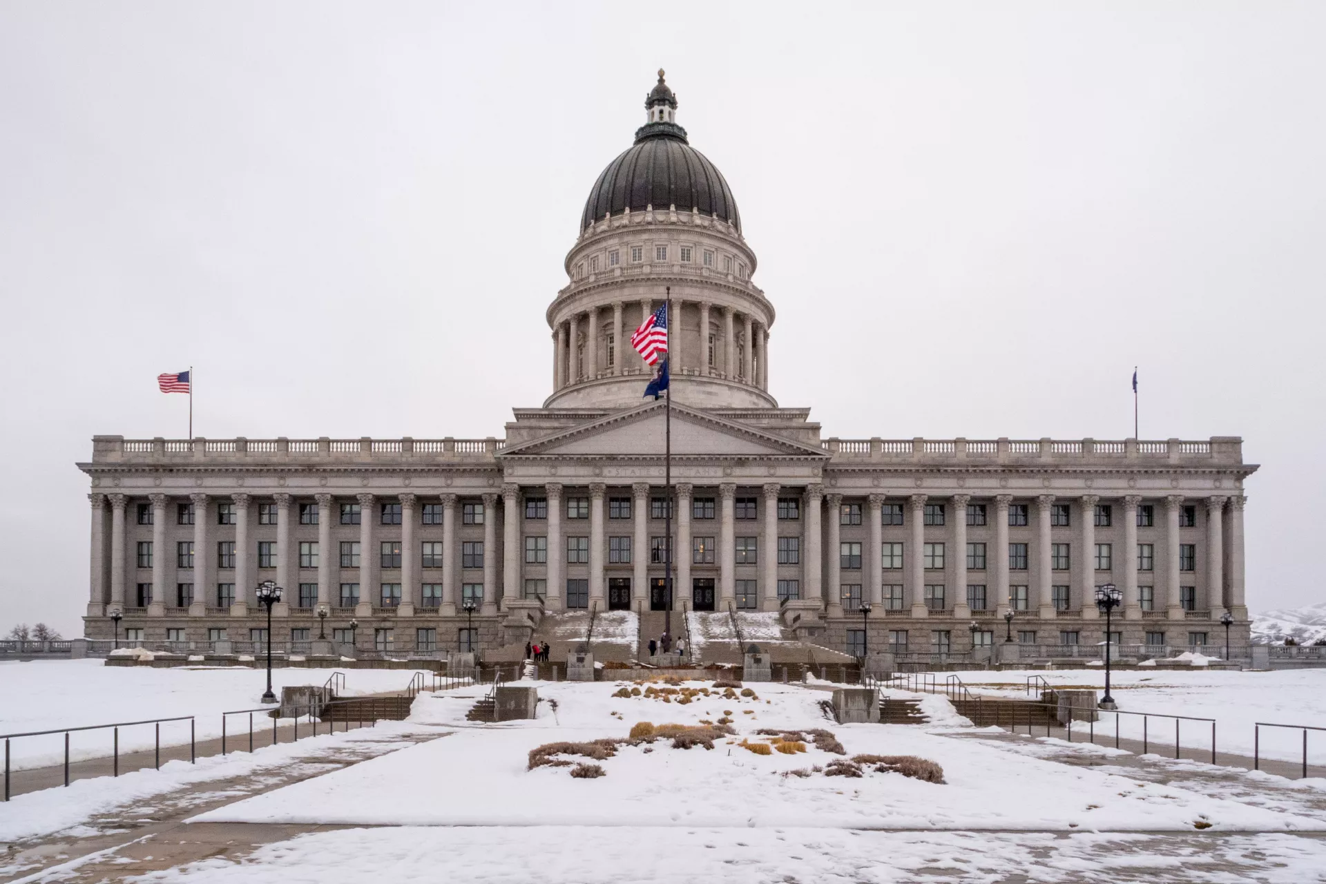 Utah State capitol with snow on the ground. 