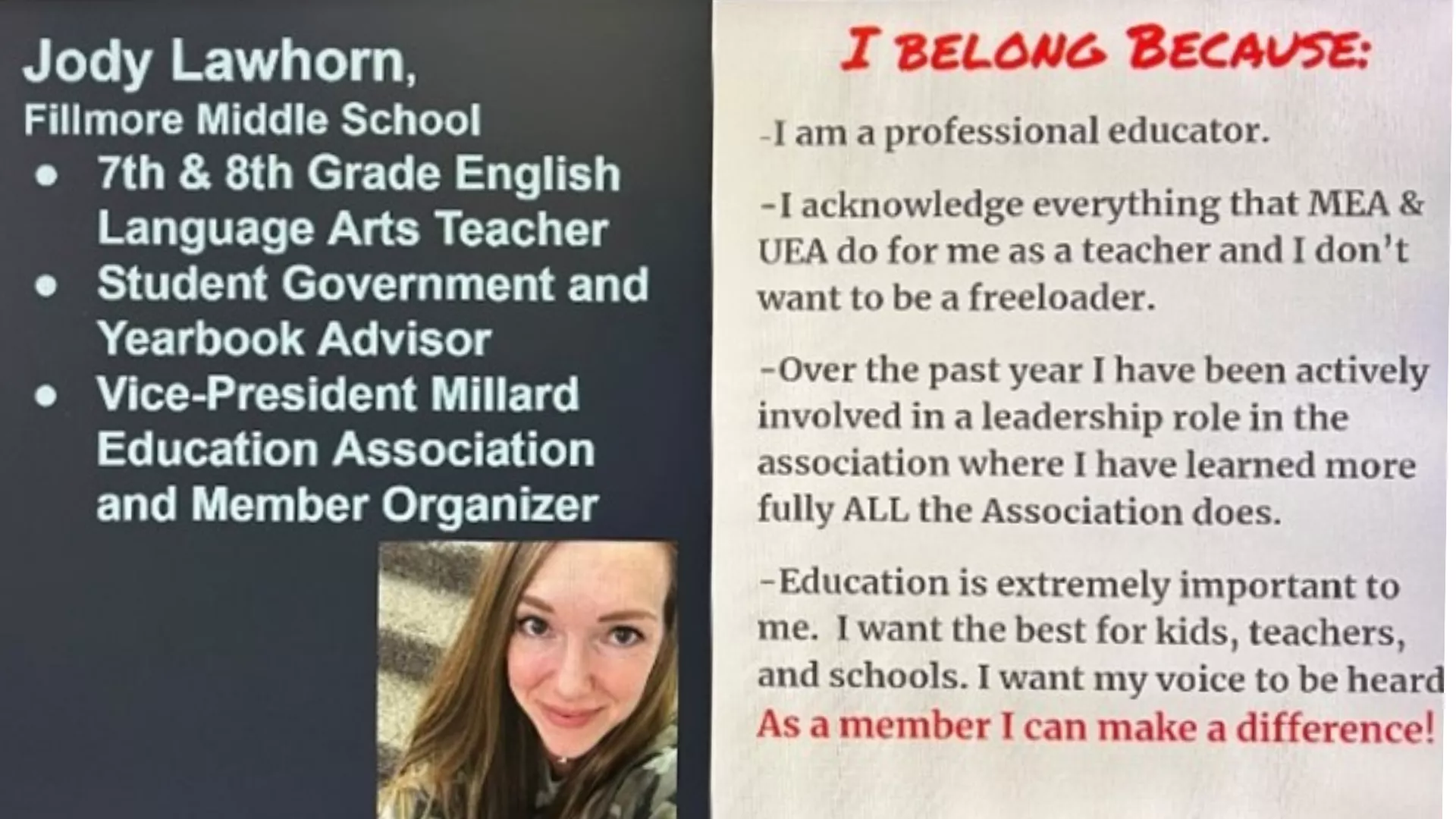 Text that reads: Judy Lawhorn from Fillmore Middle School.