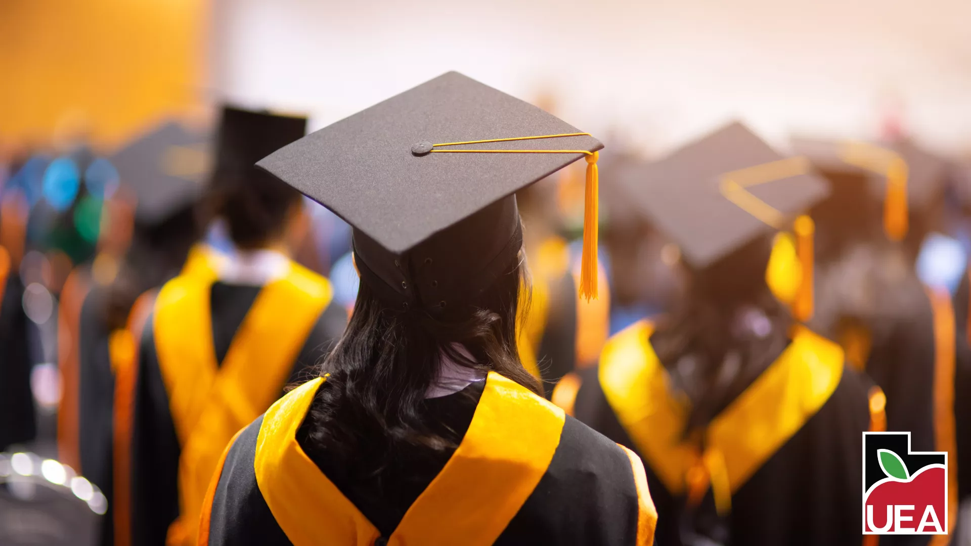 Back of female student wearing a cap and gown, with others in the background.