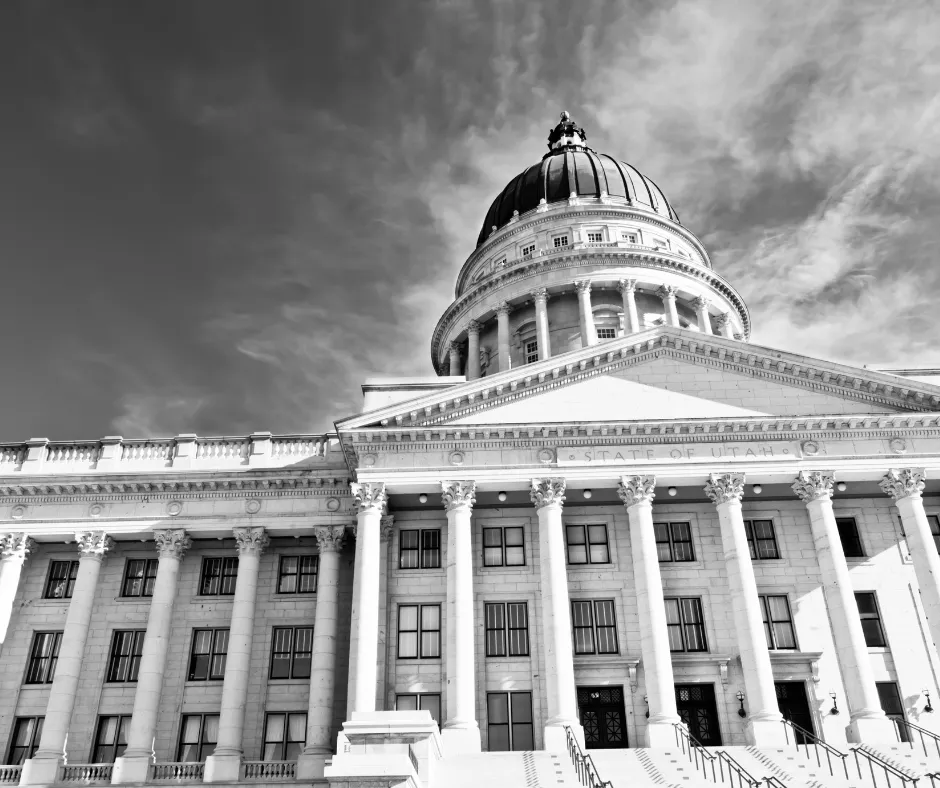 Utah Capitol building in black and white. 