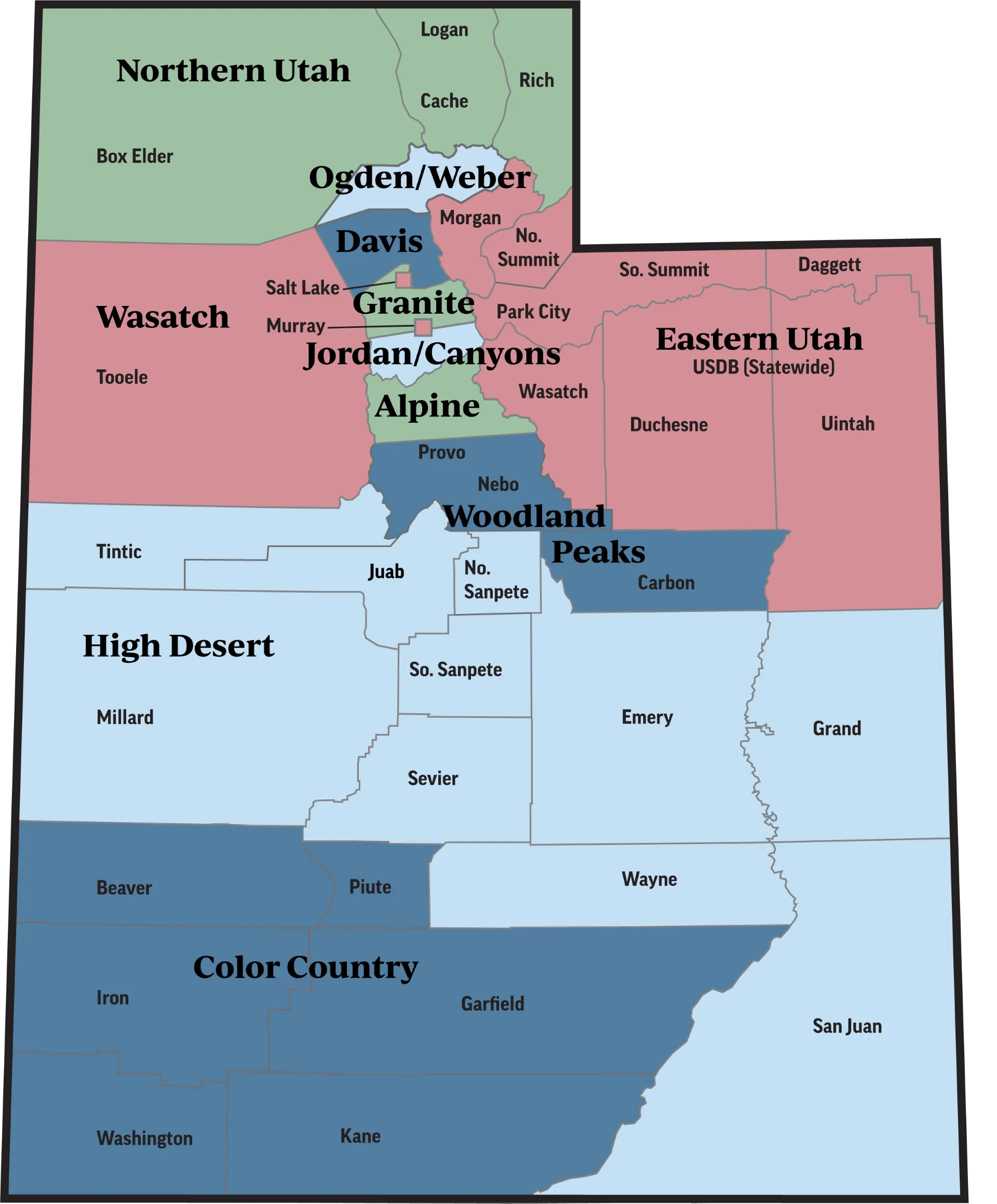 Map of Utah outlining the UniServ areas and Locals UEA serves.