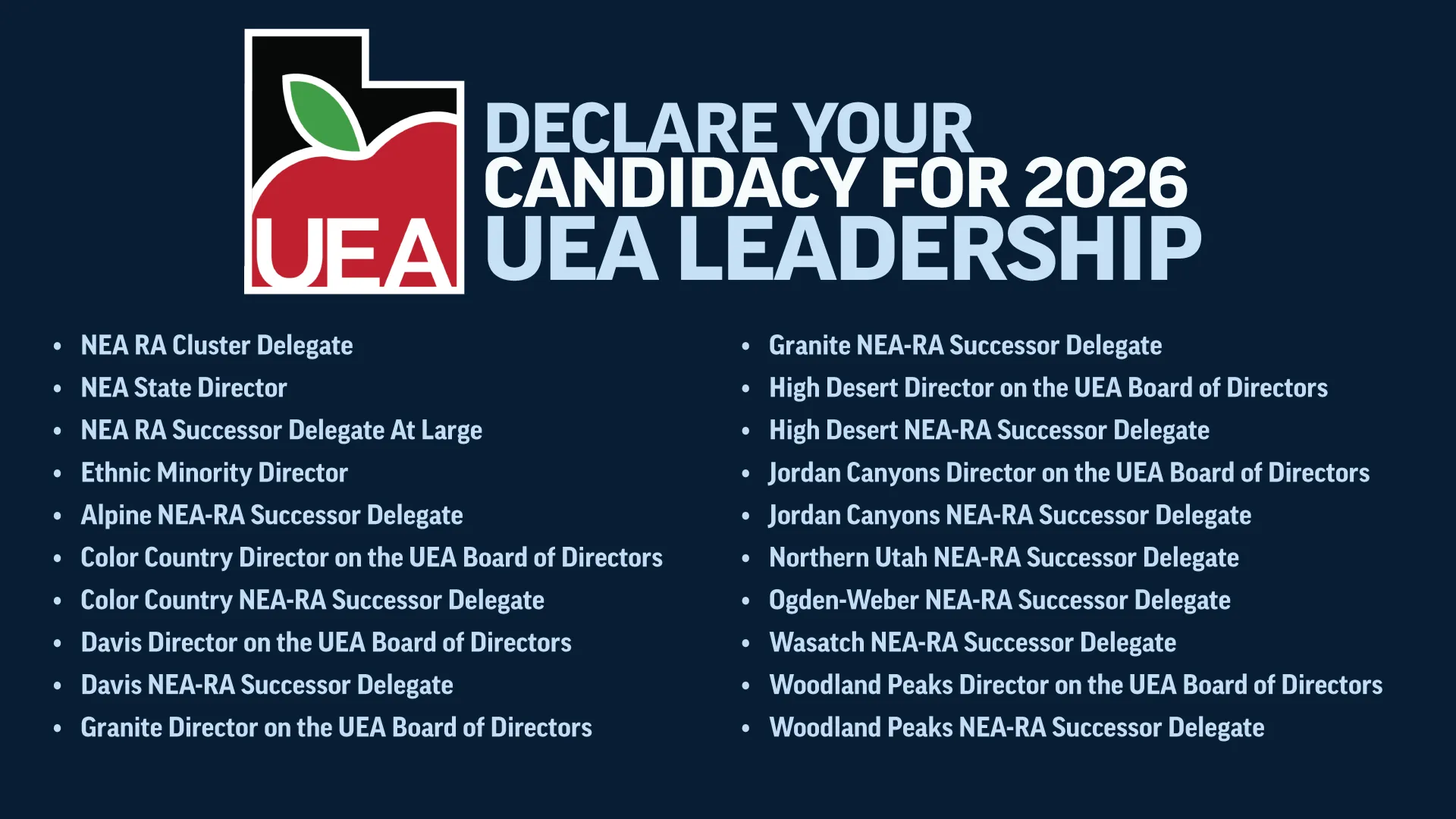 image of text listing open leader positions throughout the state