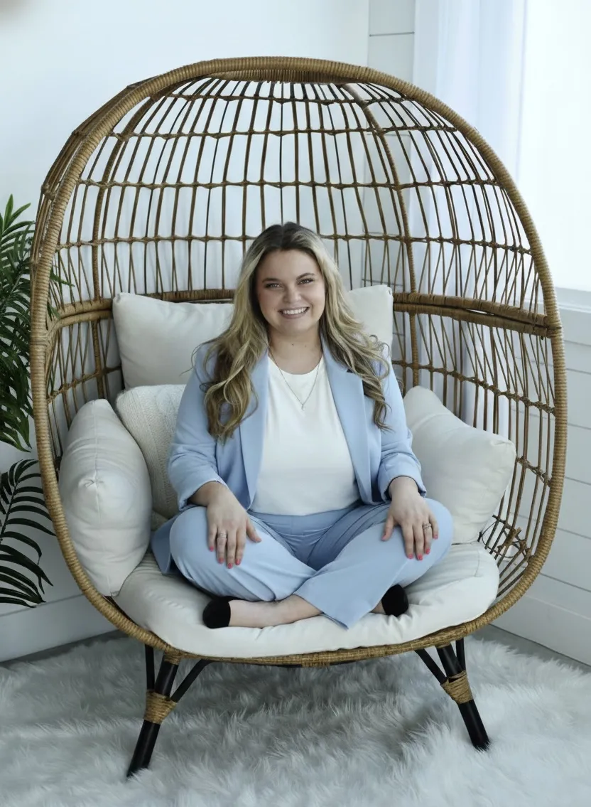 Woman in blue suit sits in chair. 