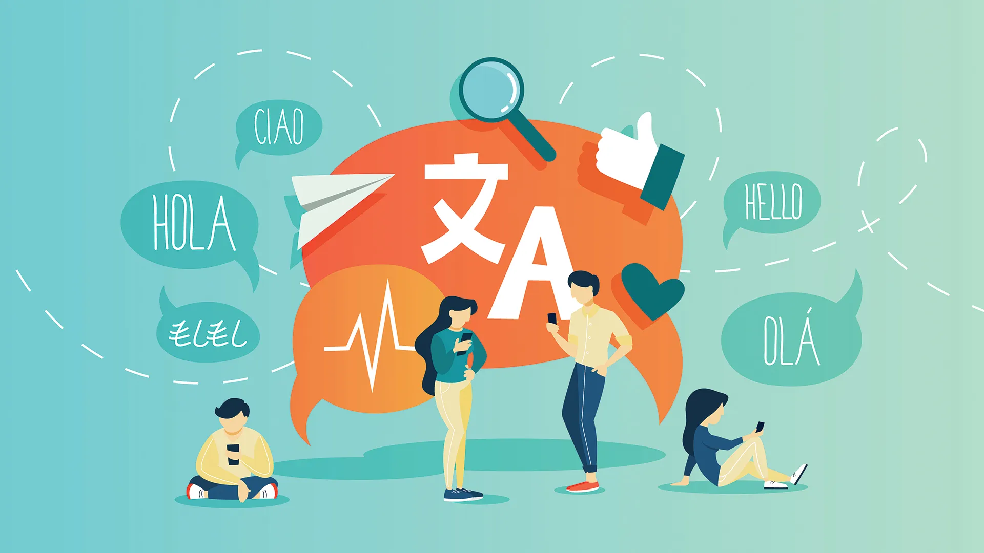 graphic of two adults speaking with the word hello in different languages around them