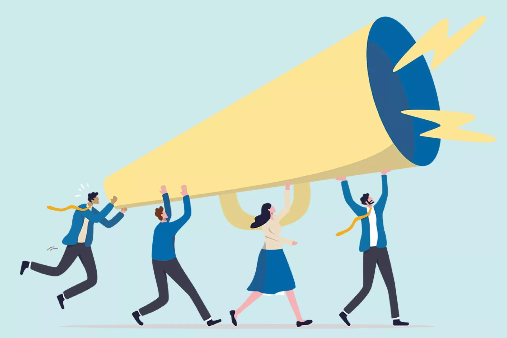 An illustration of union members hoisting a bullhorn aloft