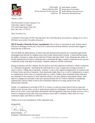 A letter urging Gov. Cox to veto HB 29.