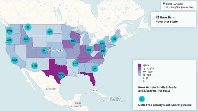 Screenshot of the ALA's book ban map website