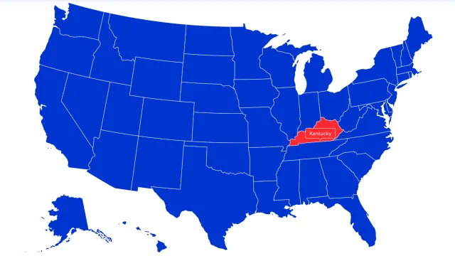 Graphic of US. All states are blue except Kentucky which is red