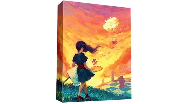 box lid of canvas game features an oil painting of a girl with a canvas and brush against an orange and gold sky