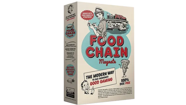 photo of the box lid of Food Chain Magnate game features 1950s style art of a diner and waitress