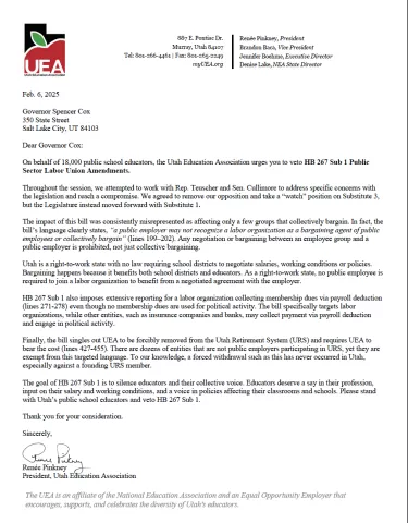 UEA Letter to Gov Cox to Veto HB 267